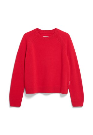 Pull rouge en tissu tricoté, avec un col ras du cou, des manches raglan et des bords côtes aux ourlets et aux poignets. Texture lisse, coupe courte.