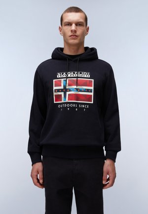 Black hoodie with a front graphic featuring a blue and red design, labeled "NAPAPIJRI geographics" and "OUTDOORS SINCE 1987." Soft texture.