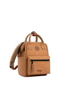 Brown leather backpack with a textured finish, dual top handles, adjustable shoulder straps, and a front zip pocket. Key branding detail visible.