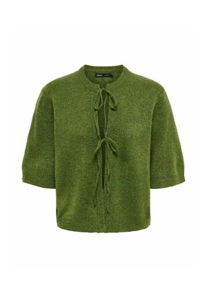 Grøn kortærmet strikket cardigan med rund hals og to bindelukninger foran, lavet af blødt textured stof.