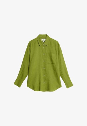 Long-sleeve olive green button-up shirt with a chest pocket and classic collar, laid flat on a white background.
