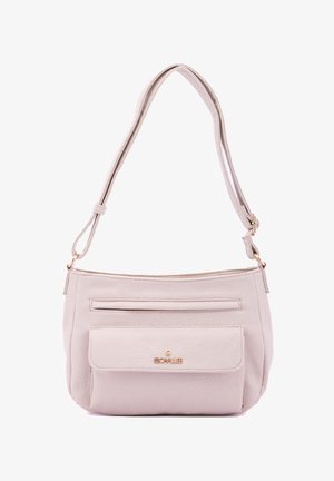 Beige leren schoudertas met een gestructureerde afwerking, verstelbare schouderband, voorvak en details in goudkleurig metaal. De tas is ongeveer middelgroot.