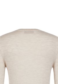 Beige langærmet striktrøje, der viser bagsiden, med rund halsudskæring og fint tekstureret stof.