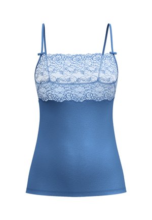 Blue cami top featuring a lace trim at the neckline, adjustable straps, and a smooth body made of soft fabric with a fitted design.