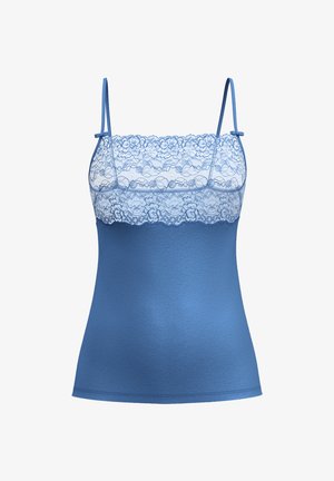 Blauw cami-top met een kanten rand bij de halslijn, verstelbare schouderbandjes en een gladde stof van zachte fabricage met een getailleerd ontwerp.