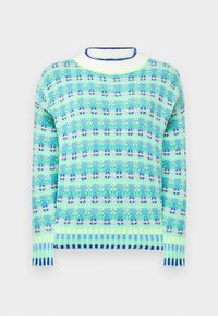 Maglione lavorato a maglia in azzurro chiaro e verde con motivi floreali, caratterizzato da un colletto a coste bianco e orlo a righe blu. Tessuto morbido.