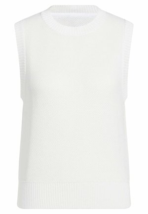 White sleeveless sweater with a textured knit pattern, ribbed neckline, and bottom hem. Features a casual, loose-fitting design and smooth surface.