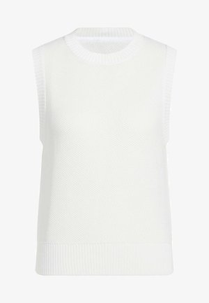 Weißer ärmelloser Pullover mit strukturiertem Strickmuster, geripptem Halsausschnitt und unterem Saum. Verfügt über ein lässiges, locker sitzendes Design und eine glatte Oberfläche.