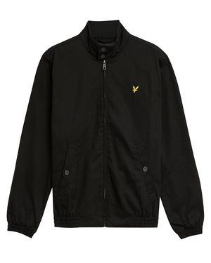 Svart nylon zip-jacka med hög krage, elastiska cuffs, två framfickor och en liten gul logotyp på bröstet.