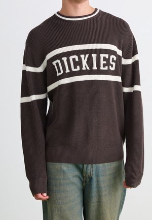 Osoba ubrana w ciemnobrązowy dziergany sweter z białymi paskami i napisem "DICKIES" na piersi, w połączeniu z niebieskimi dżinsami.