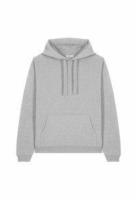 Hoodie in cotone grigio con ampio tascone frontale, cappuccio con cordini, polsini e fondo a costine. Presenta un design semplice senza motivi.