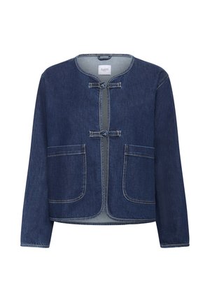 Veste en denim bleu foncé avec manches longues, col rond et fermetures à bascule à l'avant. Comprend deux poches avant et des coutures contrastées.