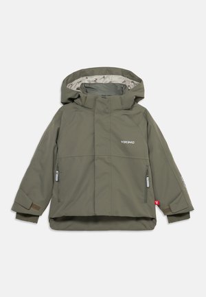 Detská olivovo zelená bunda s kapucňou, prednými vreckami na zips, nastaviteľnými manžetami a logom "VIKING" na hrudi a na rukáve.
