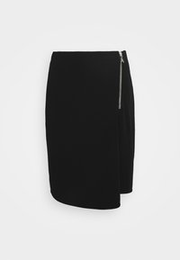 Zwarte knielange rok met een zijrits. Beschikt over een slanke, getailleerde pasvorm en een soepele textuur. De zoom is iets gebogen.