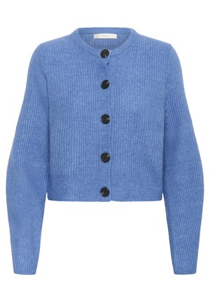 Blue knitted cardigan with a round neckline, long sleeves, and six black buttons down the front. Textured fabric, cropped design.