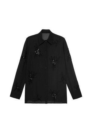 Black button-up shirt featuring long sleeves, a collar, and intricate beaded floral embellishments across the front and sleeves.