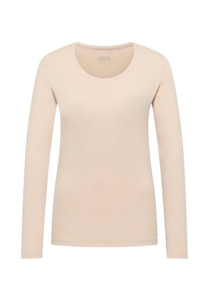 Maglietta beige a maniche lunghe realizzata in morbido cotone. Presenta una scollatura tonda e un design aderente con dettagli di cuciture minimi.