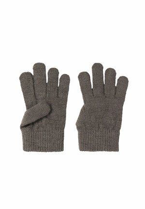 Paire de gants en laine grise tricotés avec poignets côtelés, présentés à plat avec les doigts écartés, sur fond blanc.