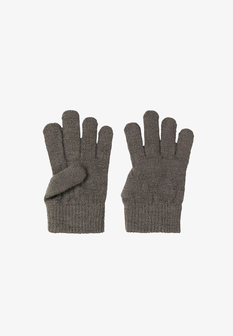 Paire de gants en laine grise tricotés avec poignets côtelés, présentés à plat avec les doigts écartés, sur fond blanc.