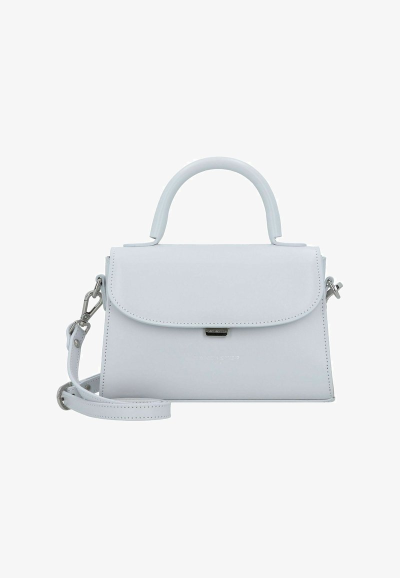 Borsa bianca strutturata con finitura in pelle liscia, manico superiore, tracolla removibile e chiusura a pattina magnetica. Dettagli in hardware color argento.