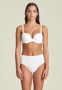 White bra and high-waisted brief set with a subtle checked pattern, scalloped edges on straps, and smooth, textured fabric.