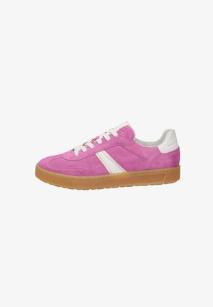 Rosa Wildledersneaker mit weißen Akzenten und einer Gummisohle. Verfügt über eine abgerundete Zehenpartie und ein klassisches Schnürdesign. Minimalistische Markenkennzeichnung.