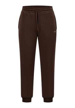 Brune sweatpants lavet af blødt stof med elastisk talje, justerbar snørebånd og ribbede manchetter ved anklerne; inkluderer sidelommer.