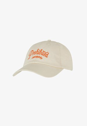 Beżowa czapka baseballowa z zakrzywionym daszkiem, z pomarańczowym haftem tekstu "Zabronione" oraz wzorem laurowym. Wykonana z trwałego materiału.