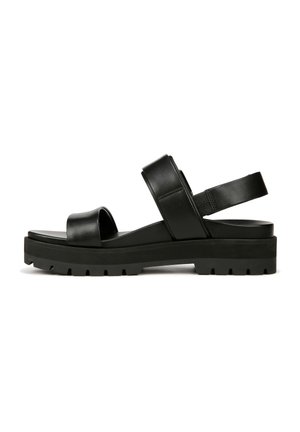Black leather sandals with two wide straps and a thick, textured sole. Adjustable ankle strap with a reinforced back for support.