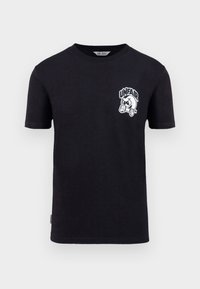 Schwarzes T-Shirt mit kurzen Ärmeln mit einer kleinen weißen Grafik einer wütenden Cartoonfaust und dem Wort „UNFAIR“ auf der linken Brust.