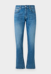 Blue denim flared jeans with a mid-rise waist, two front pockets, and slight fading. The fabric has a soft texture and traditional stitching.