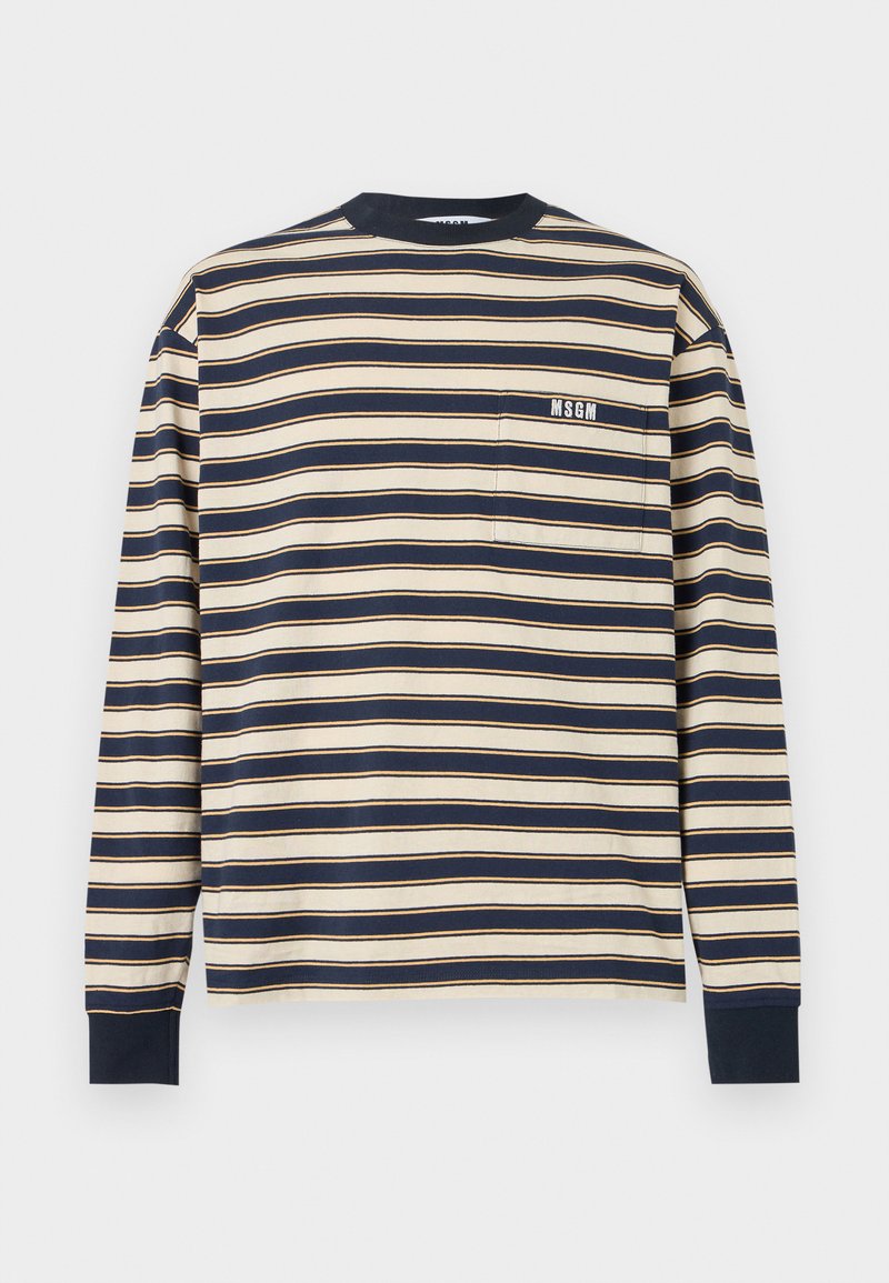 Langärmlig marineblauw en beige gestreept shirt met zwarte kraag en manchetten, voorzien van een borstzak met het MSGM-logo.