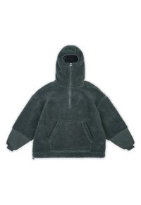 Pullover in fleece verde e soffice con zip frontale, cappuccio e tasca a marsupio; presenta un tessuto texturizzato e maniche a contrasto.