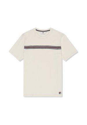 Hvid T-shirt med korte ærmer og horisontale navy-, rød- og hvide striber hen over brystet samt et lille logopatch nederst ved kanten.