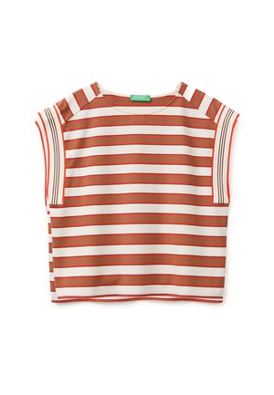 Sleeveless top with wide horizontal brown and red stripes on white background, boat neckline, and green brand label inside collar.