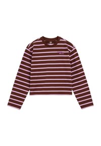 Brun och rosa randig långärmad croppad t-shirt med rund halsringning och broderad text "Market" på bröstet. Mjuk tygtextur.