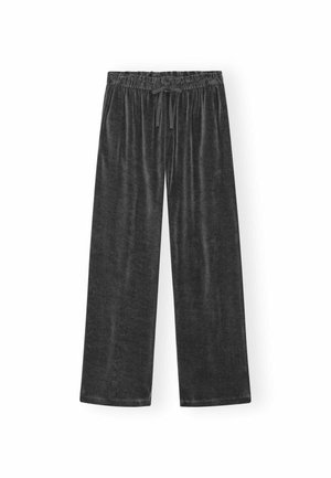 Pantaloni largi din velur gri închis, cu talie elastică și șnur de ajustare.