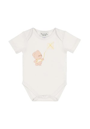 Body bianco per neonati con un piccolo orso che tiene una corda gialla di aquilone stampata al centro davanti.