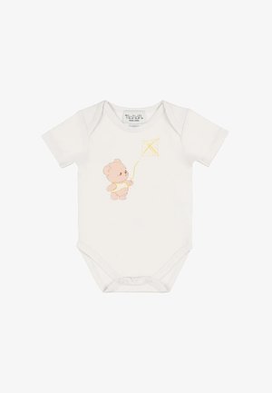 Witte babybody met een kleine beer die een gele vliegerkoord vasthoudt, gedrukt op het midden van de voorkant.