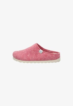 Pantofole di feltro rosa con punta arrotondata, texture morbida e suola bianca ondulata. Presentano un piccolo etichetta del marchio sul fianco.