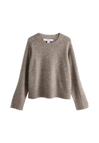 Beige knitted sweater with a round neckline, ribbed cuffs, and hem, featuring subtle metallic flecks throughout for added texture.