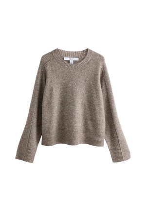Beige knitted sweater with a round neckline, ribbed cuffs, and hem, featuring subtle metallic flecks throughout for added texture.