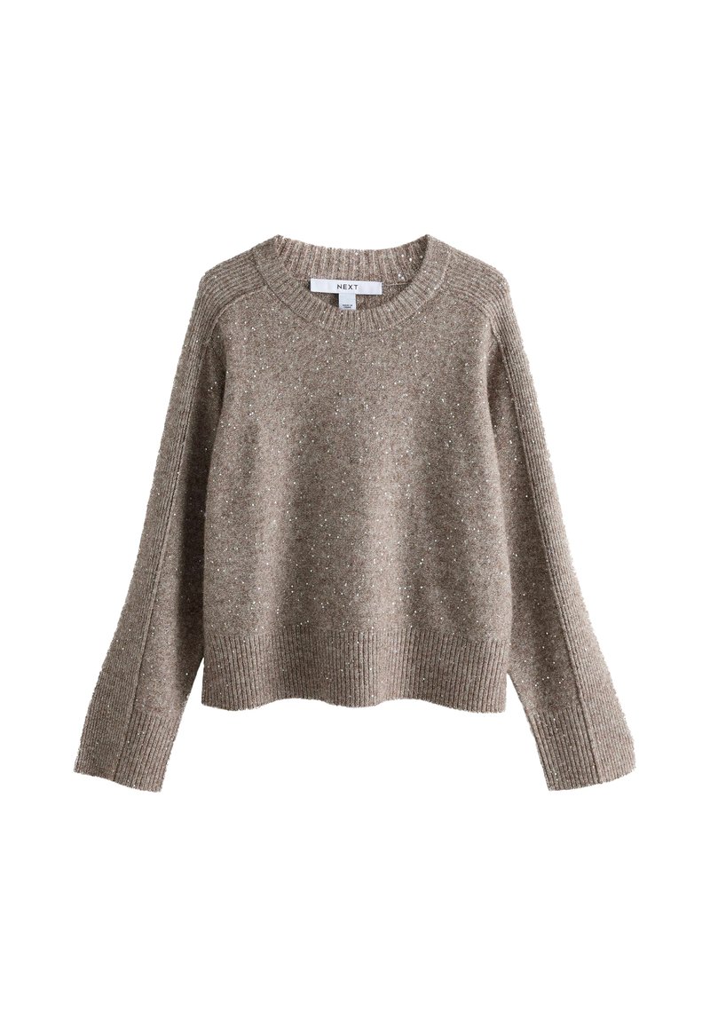 Beige knitted sweater with a round neckline, ribbed cuffs, and hem, featuring subtle metallic flecks throughout for added texture.