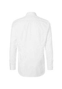 Chemise blanche à manches longues avec un col classique, en tissu coton lisse. Dispose de poignets boutonnés et d'un dos simple et épuré.