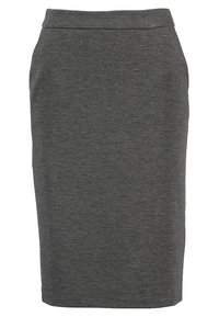 Dunkelgrauer, knielanger Bleistiftrock mit geradem Schnitt und elastischem Bund, gefertigt aus einem weichen, leicht strukturierten Stoff.