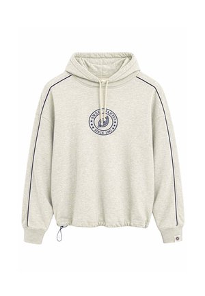 Sudadera con capucha gris claro con ribetes oscuros en las mangas, logo frontal con el texto ""Sweet Pants Since 1982"" y dobladillo ajustable con cordón.