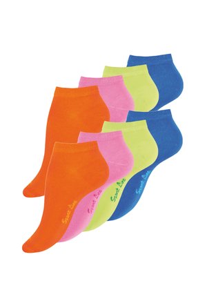 Cinq paires de chaussettes de cheville dans des couleurs vives : orange, rose, jaune fluo, vert et bleu. Chacune présente un logo brodé dans une couleur contrastée.