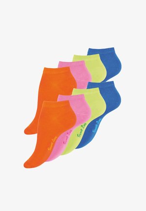 Cinq paires de chaussettes de cheville dans des couleurs vives : orange, rose, jaune fluo, vert et bleu. Chacune présente un logo brodé dans une couleur contrastée.