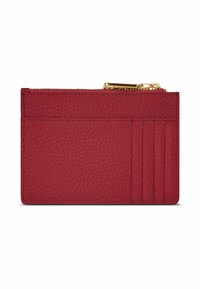 Portafoglio in pelle rossa con superficie testurizzata, una tasca con zip e più scomparti per carte da un lato. Accenti in hardware dorato.