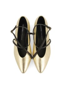 Bailarinas metálicas doradas con puntas afiladas, que cuentan con un diseño de tiras cruzadas negras en el empeine. Textura suave, silueta estilizada.